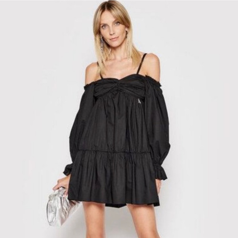 NWOT Patrizia Pepe Puff Sleeve Ruffle Dress size 6 Black Cotton Halter Mini